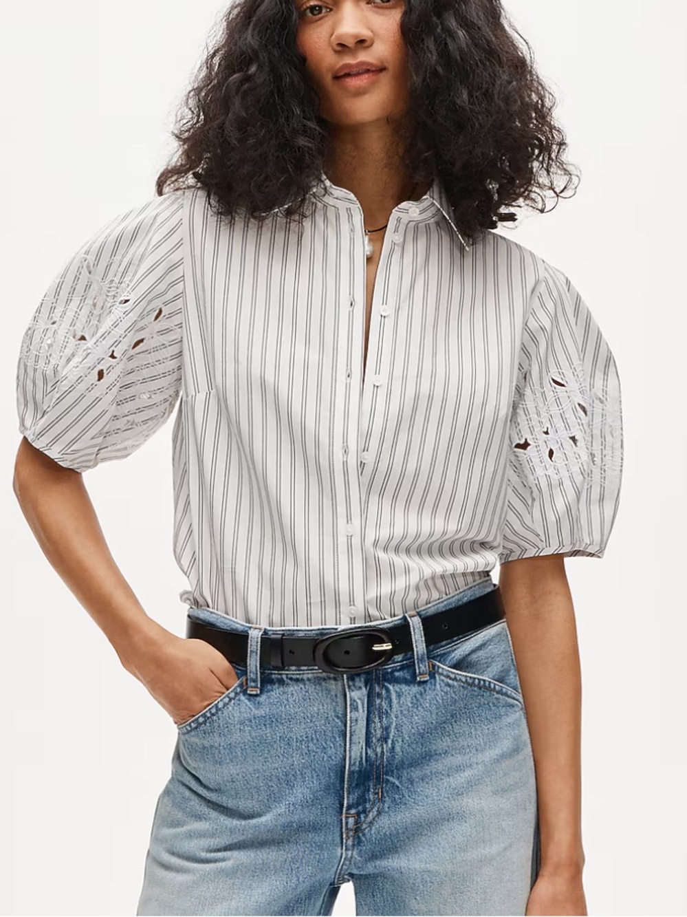 J crew eyelet puff sleeve shirt in striped cotton poplin
